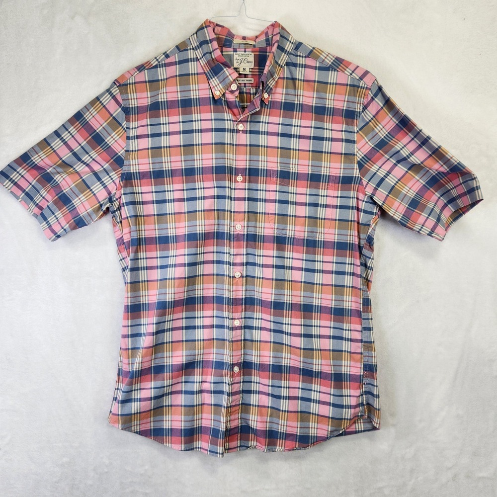 J.Crew Mens Slim Secret Wash Organic Cotton Plaid Short Sleeve Shirt Pink Blue M